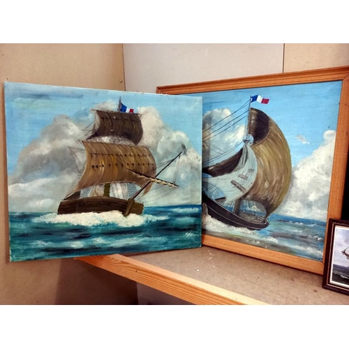 606 - A selection of pictures of sailing ships including oil on canvas, prints  etc including signed pictu... 