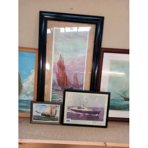 606 - A selection of pictures of sailing ships including oil on canvas, prints  etc including signed pictu... 