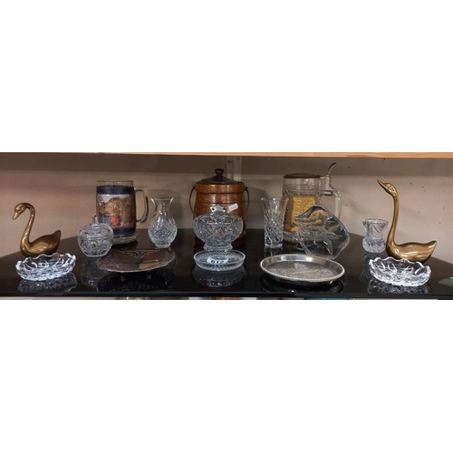 612 - Miscellaneous glass including hummingbird paperweight, oak biscuit barrel etc