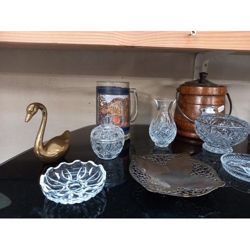 612 - Miscellaneous glass including hummingbird paperweight, oak biscuit barrel etc