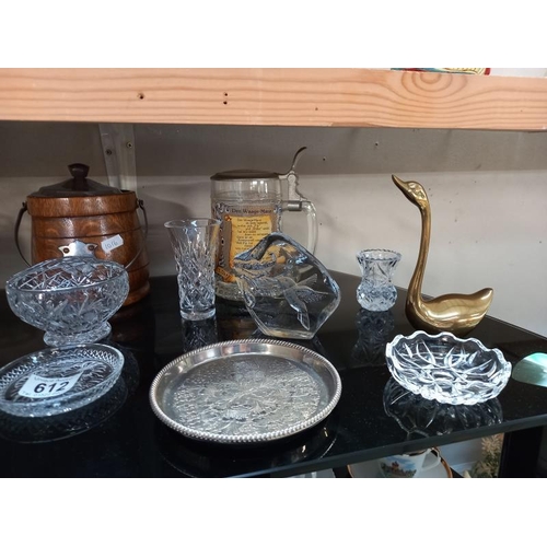 612 - Miscellaneous glass including hummingbird paperweight, oak biscuit barrel etc