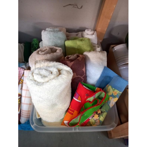 627 - 3 boxes of towels, tea towels, many of which are unused etc