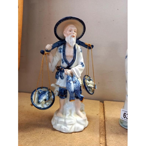 632 - 3 blue and white China men figures