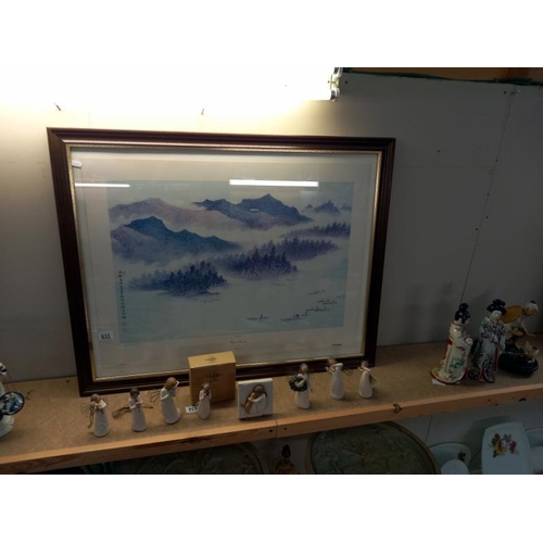 633 - A large oriental themed print 'mystical mountains' by Linchia