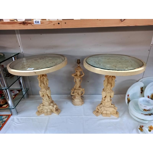 635 - A pair of classical style resin tables with glass tops (1 glass chipped) and similar style lamp. Hei... 