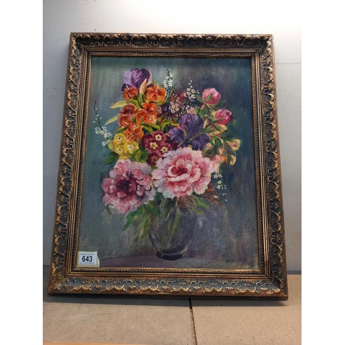 643 - A vintage gilt framed oil on canvas still life of vase of flowers