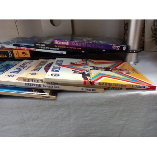 659 - An assortment of annuals, Blue Peter, Dr Who etc