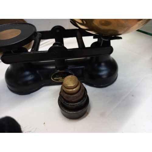 668 - A cast iron Salter kitchen scales with weights and brass pan