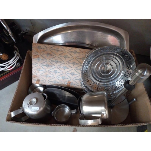 671 - Stainless steel kitchen ware including serving tray etc