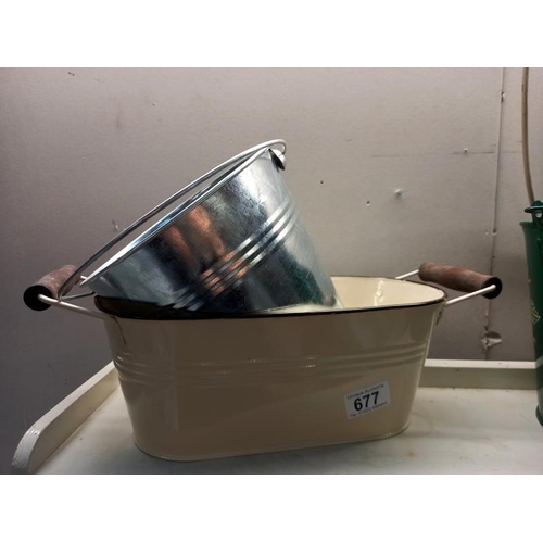 677 - A hand painted Bargeware style bucket, a galvanised bucket & 1 other