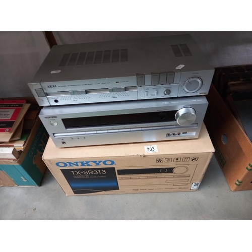 703 - A boxed Onkyo AV receiver/ampli-tuner, audio, video TX - SR313, Akai AM-U stereo integrated amplifie... 