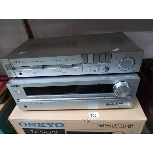 703 - A boxed Onkyo AV receiver/ampli-tuner, audio, video TX - SR313, Akai AM-U stereo integrated amplifie... 