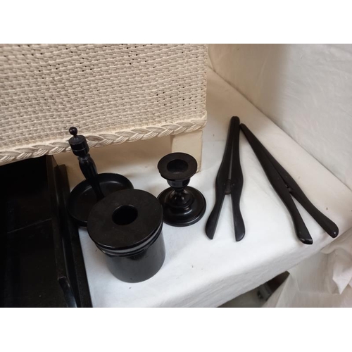 714 - A quantity of vintage ebony items including glove stretchers & hair pot etc. (candlestick is chipped... 