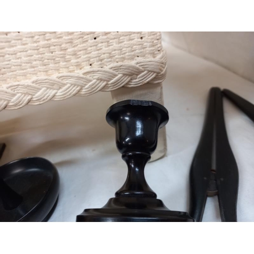 714 - A quantity of vintage ebony items including glove stretchers & hair pot etc. (candlestick is chipped... 