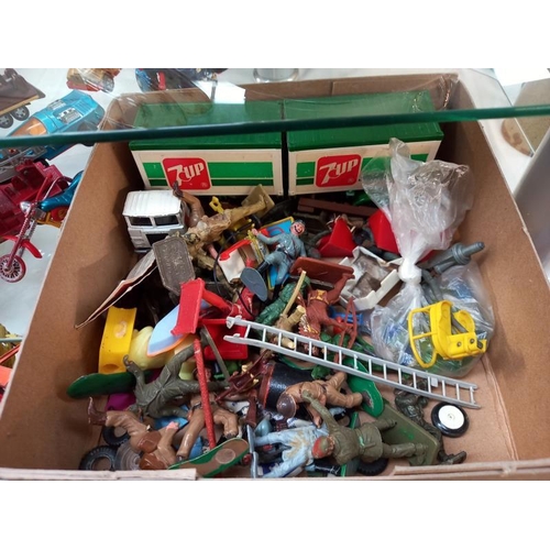 729 - A box of play worn die cars including Matchbox, Corgi etc. Including Spiderman bike, Easy rider chop... 