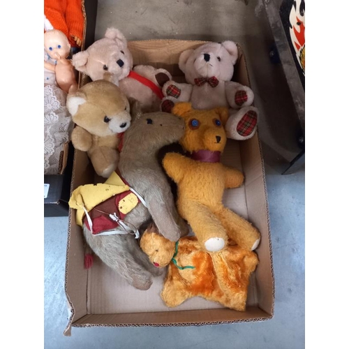 736 - 2 boxes of old toys including Dolls, soft toys including Sooty glove puppet