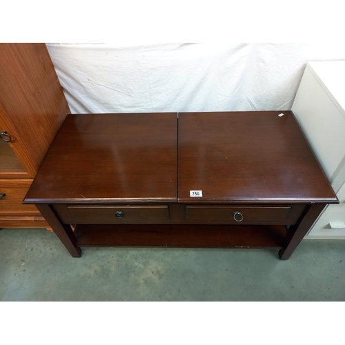 750 - A dark wood stained coffee table with 2 lift up lids with compartments