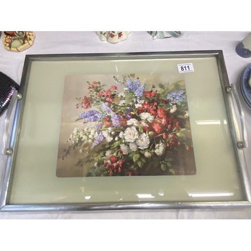 811 - A vintage serving tray with floral print by Vernon Ward in centre under glass