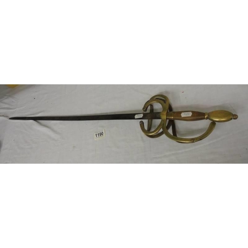 1190 - An old sword with brass hilt stamped P B.