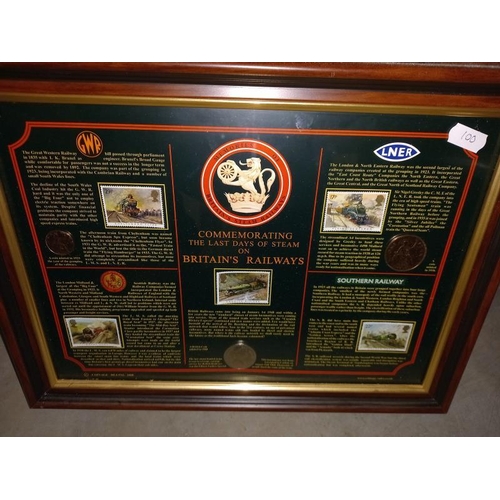 1 - 2 commemorating framed coin stamp sets, 70th anniversary of 2nd world war and last days of steam 39c... 