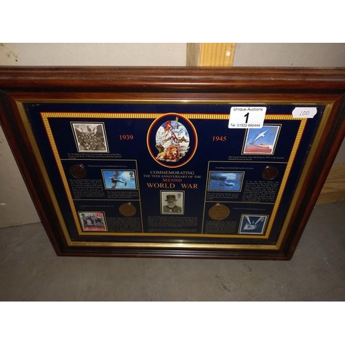 1 - 2 commemorating framed coin stamp sets, 70th anniversary of 2nd world war and last days of steam 39c... 