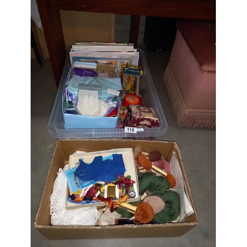 115 - A box of tapestry wool & A box of craft & knitting items including books etc.