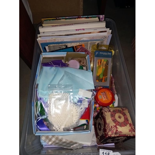 115 - A box of tapestry wool & A box of craft & knitting items including books etc.