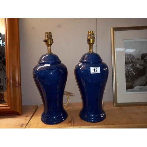 12 - 2 blue pottery table lamps