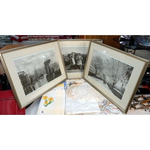 13 - 3 black and white framed and glazed prints of early scenes including Whitby