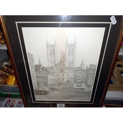 15 - 3 black and white pencil prints of Lincoln including Cathedral