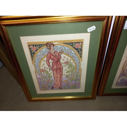 3 - A pair of gilt framed tapestries of art nouveau ladies