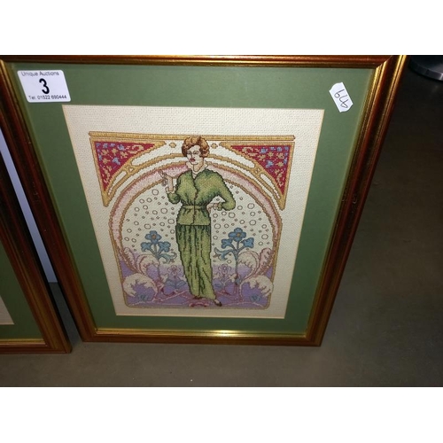 3 - A pair of gilt framed tapestries of art nouveau ladies