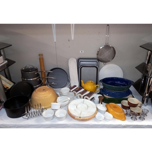 35 - A good selection of kitchenware including saucepan set, Denby and T G Green bowls etc