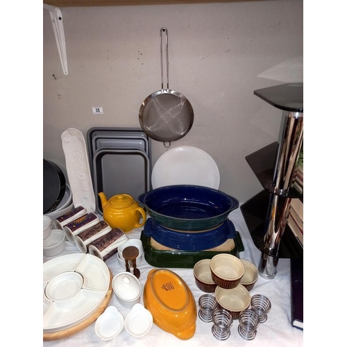 35 - A good selection of kitchenware including saucepan set, Denby and T G Green bowls etc