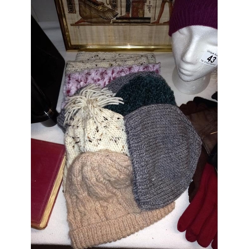 43 - A selection of ladies gloves, woolly hats etc (heads not included)