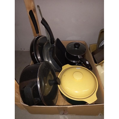 59 - 3 boxes of kitchen pans, dinner plates etc