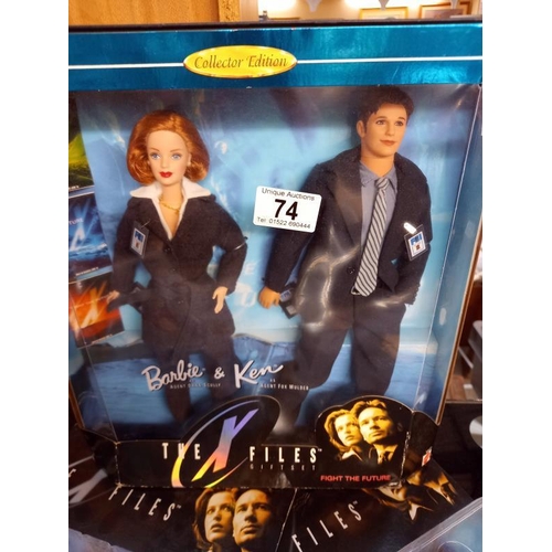 74 - A Barbie and Ken The X-Files gift set and 4 X files figures, all boxed