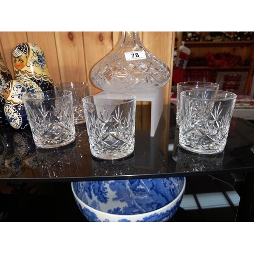 78 - A cut glass decanter and 5 whisky tumblers