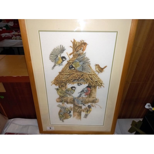 9 - 3 pine framed tapestries of birds including pheasants and tits