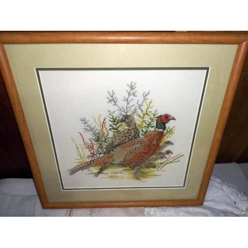 9 - 3 pine framed tapestries of birds including pheasants and tits