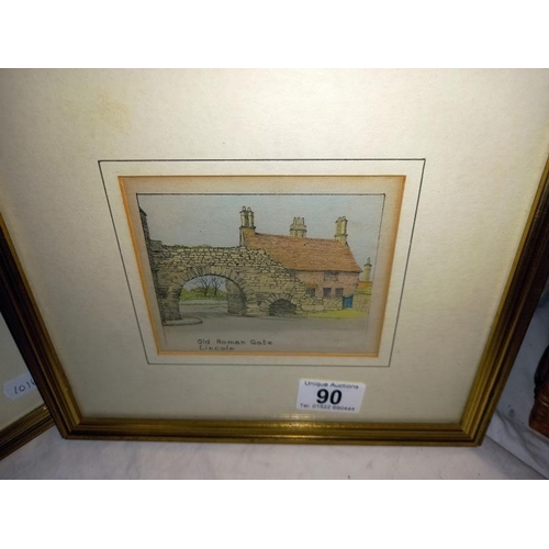 90 - 2 small framed watercolours of old Roman gate and gateway Lincoln 12cm x 10cm frame 26cm x 23.5cm