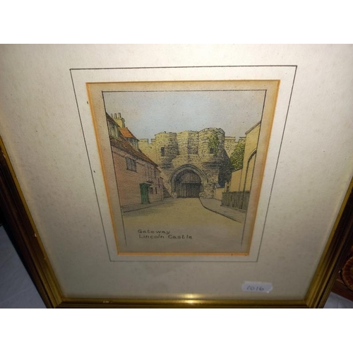 90 - 2 small framed watercolours of old Roman gate and gateway Lincoln 12cm x 10cm frame 26cm x 23.5cm