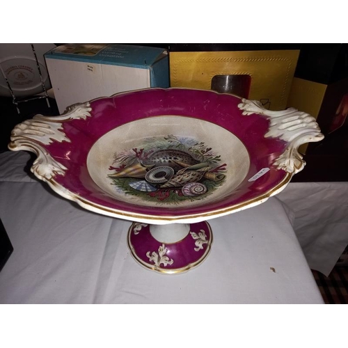 149 - A Victorian comport, a bird decorated comport A/F & matching plate