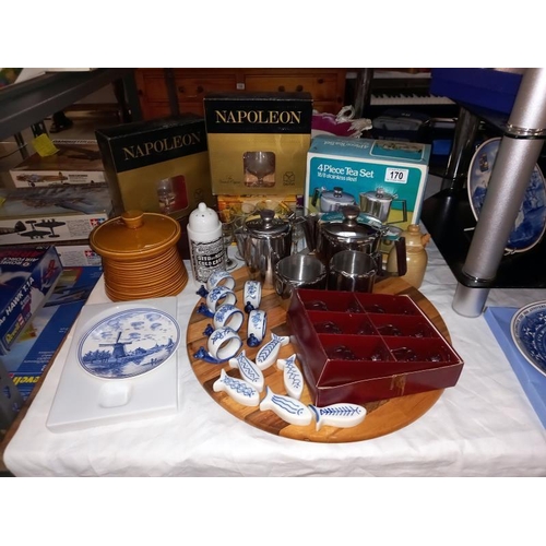 170 - Vintage boxed stainless steel tea set & other kitchen items including solid wood Lazy Susan etc.