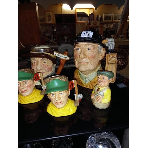 172 - 8 Royal Doulton golf related character jugs including 'Golfer' & 'The Golfer' including some seconds... 