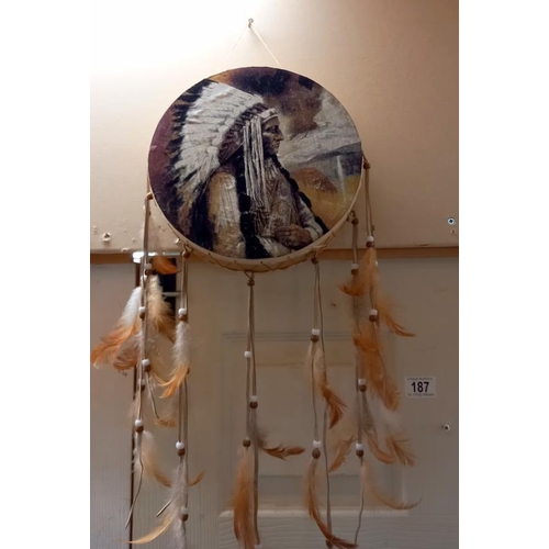 187 - An Indian Chief tambourine/dream catcher with feathers