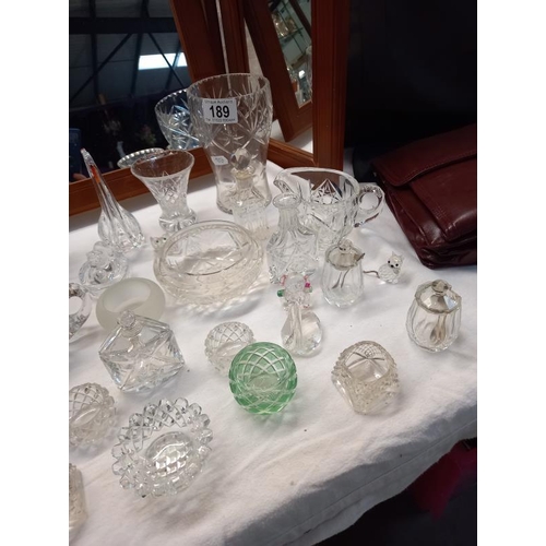 189 - A selection of glass including animals, preserve pots & overlaid green glass match striker etc.