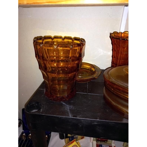 220 - 6 pieces of vintage amber glass including a pair of vases & lidded bowl etc.