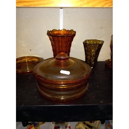 220 - 6 pieces of vintage amber glass including a pair of vases & lidded bowl etc.