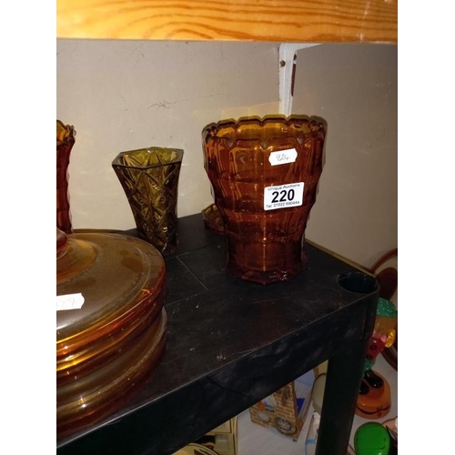 220 - 6 pieces of vintage amber glass including a pair of vases & lidded bowl etc.